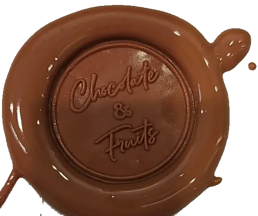 Eine Scheibe Schokolade mit dem eingeprägten Schriftzug Chocolate & Fruits